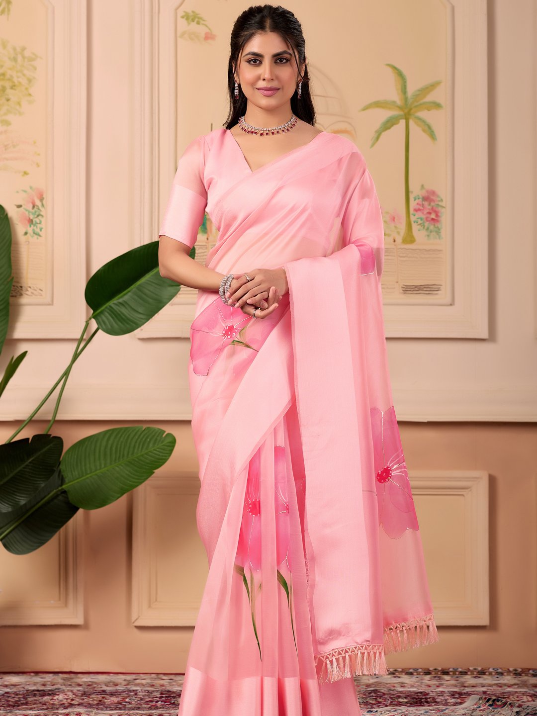 Pink Organza Saree With Unstitched Blouse Piece.