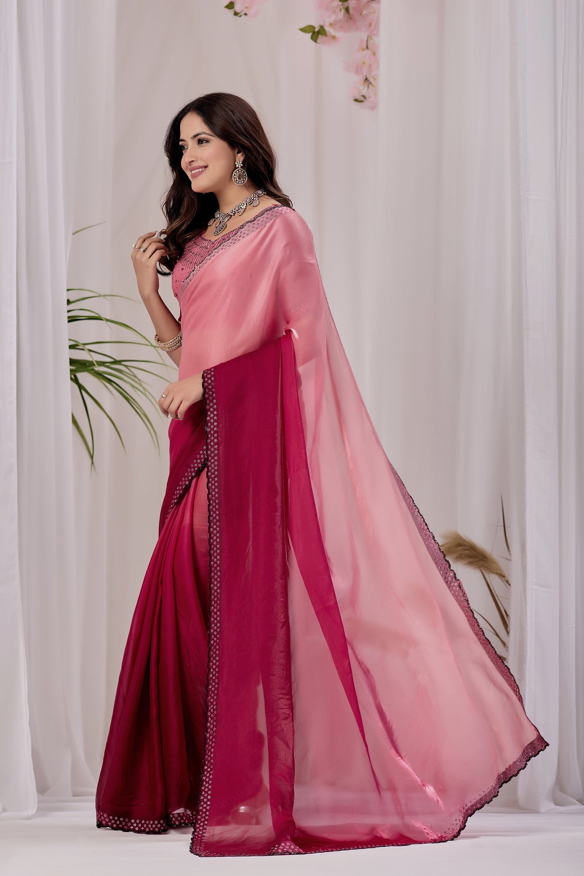 Elegant Embellished Satin Party Wear Saree