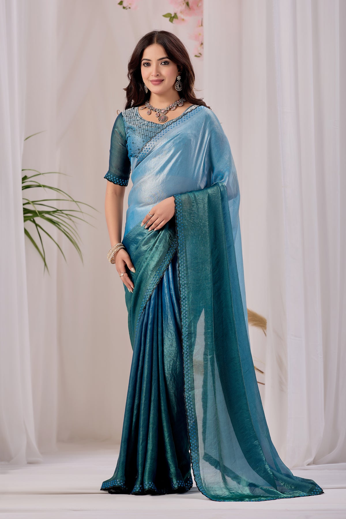 Elegant Embellished Satin Party Wear Saree