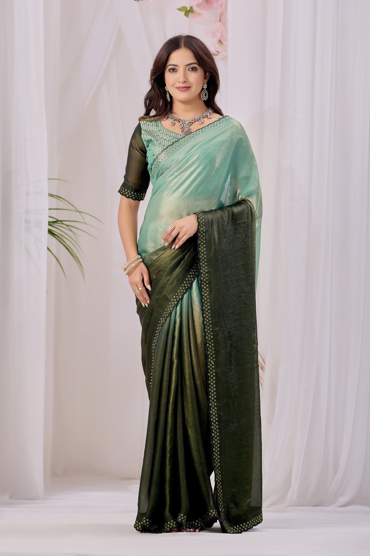 Elegant Embellished Satin Party Wear Saree