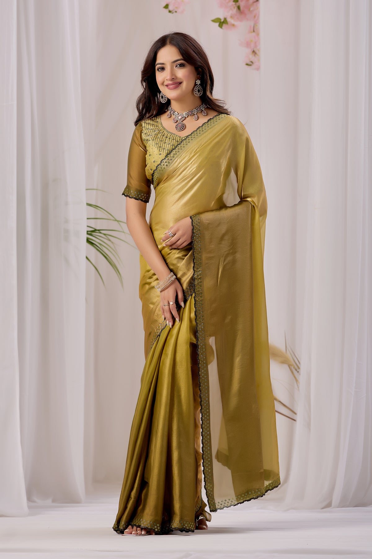 Elegant Embellished Satin Party Wear Saree
