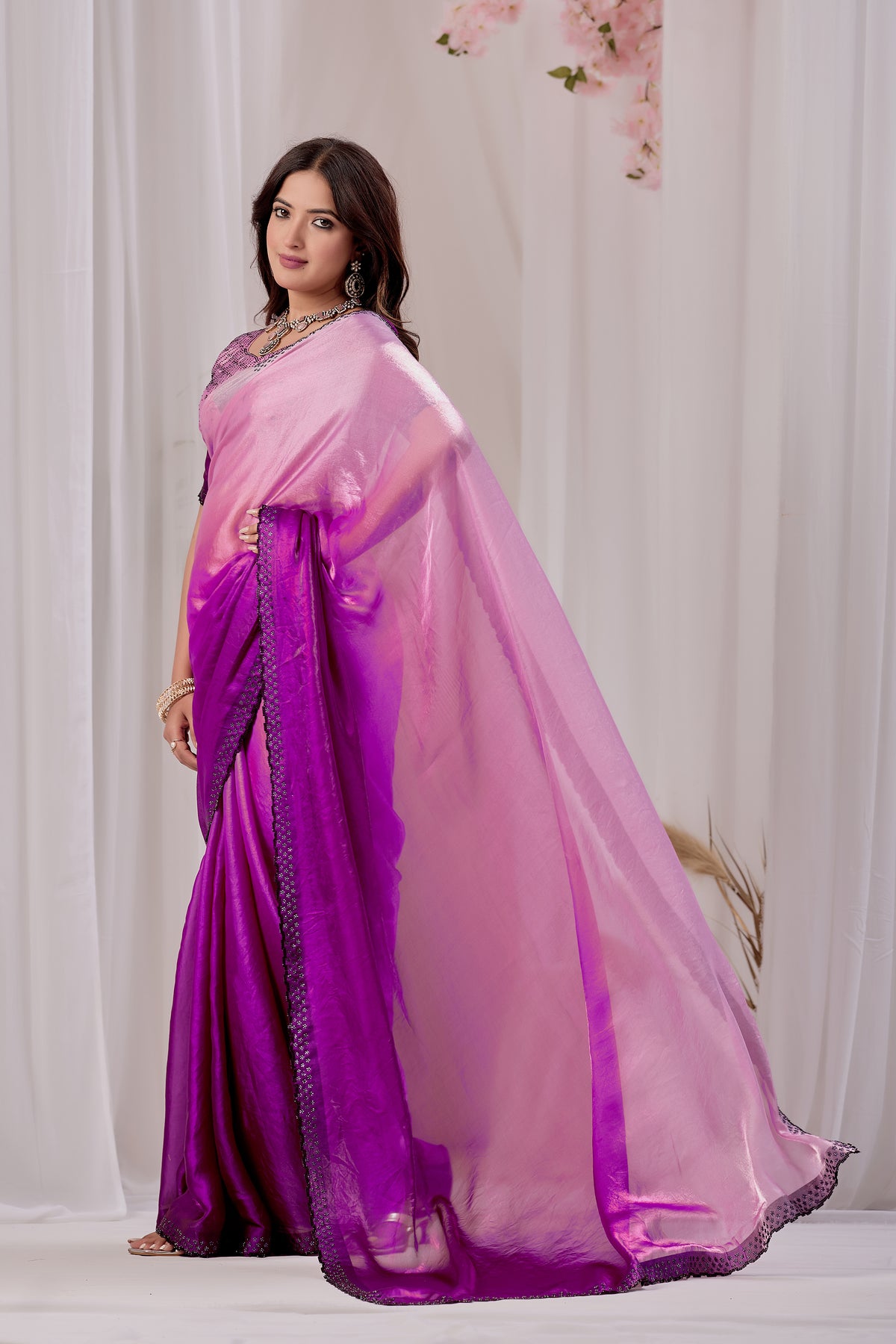 Elegant Embellished Satin Party Wear Saree