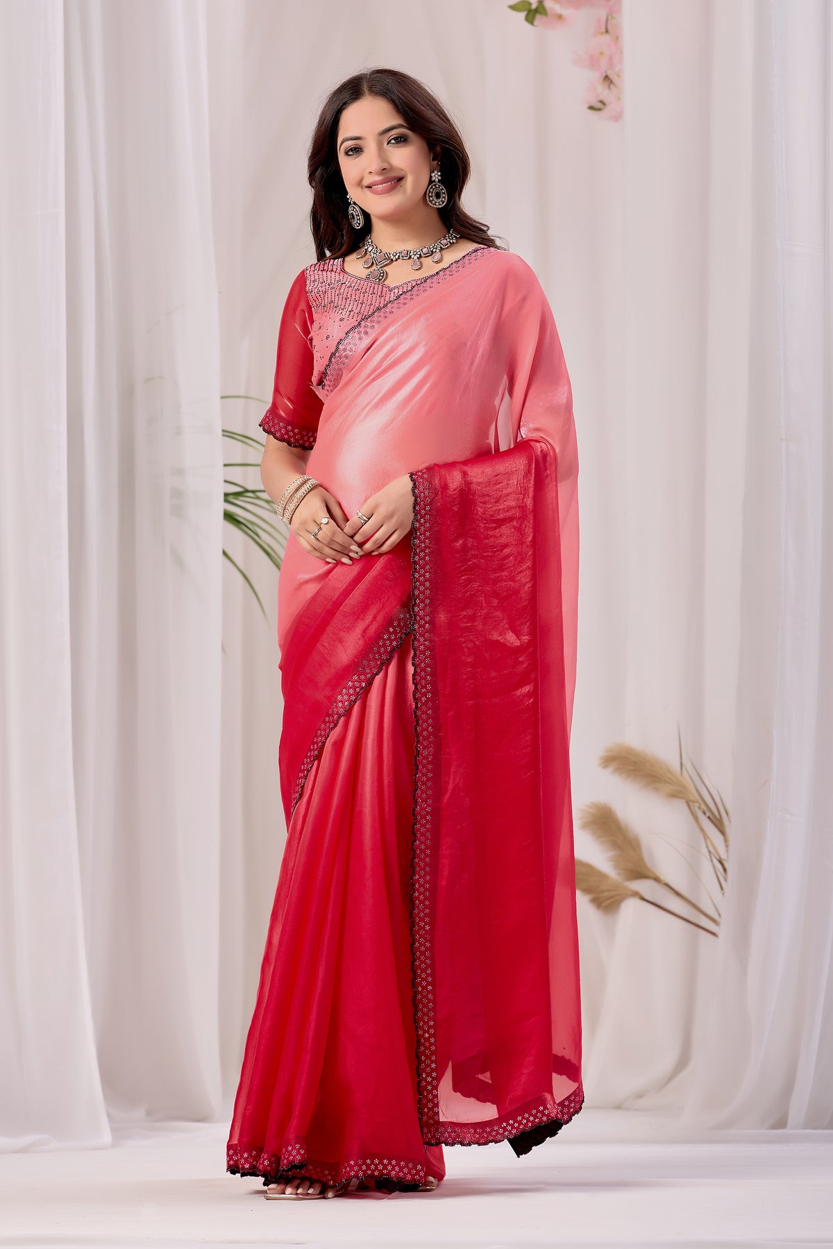 Elegant Embellished Satin Party Wear Saree