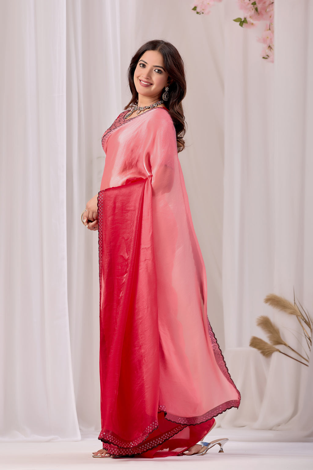 Elegant Embellished Satin Party Wear Saree