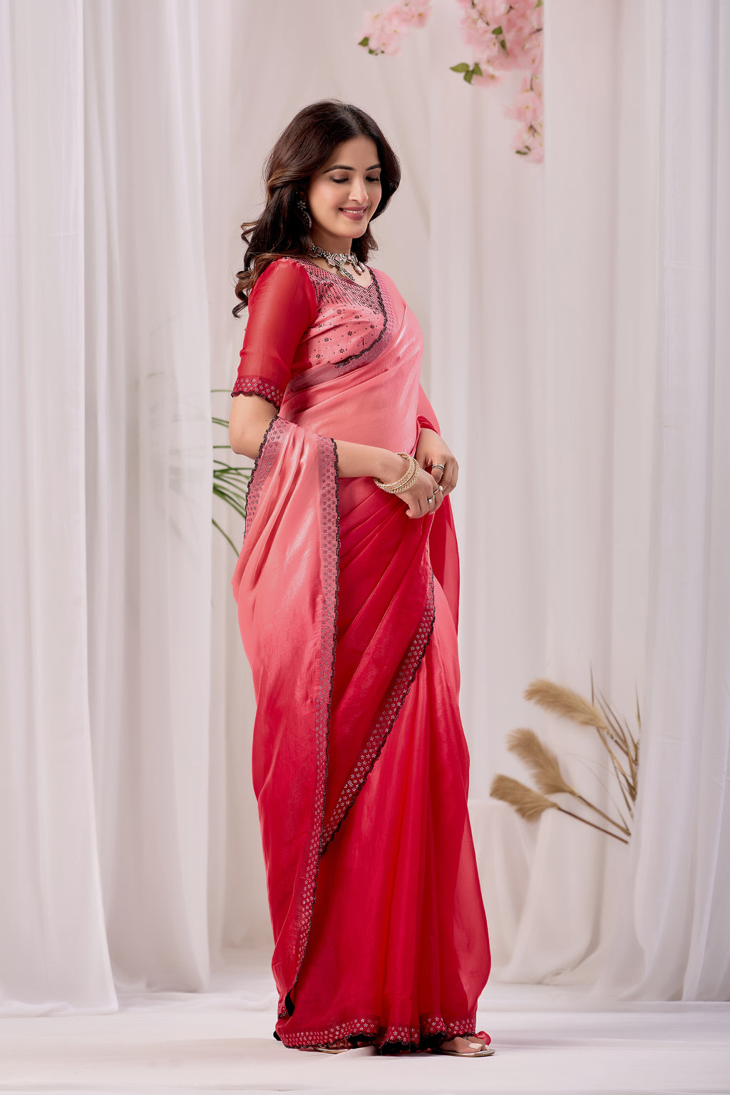 Elegant Embellished Satin Party Wear Saree
