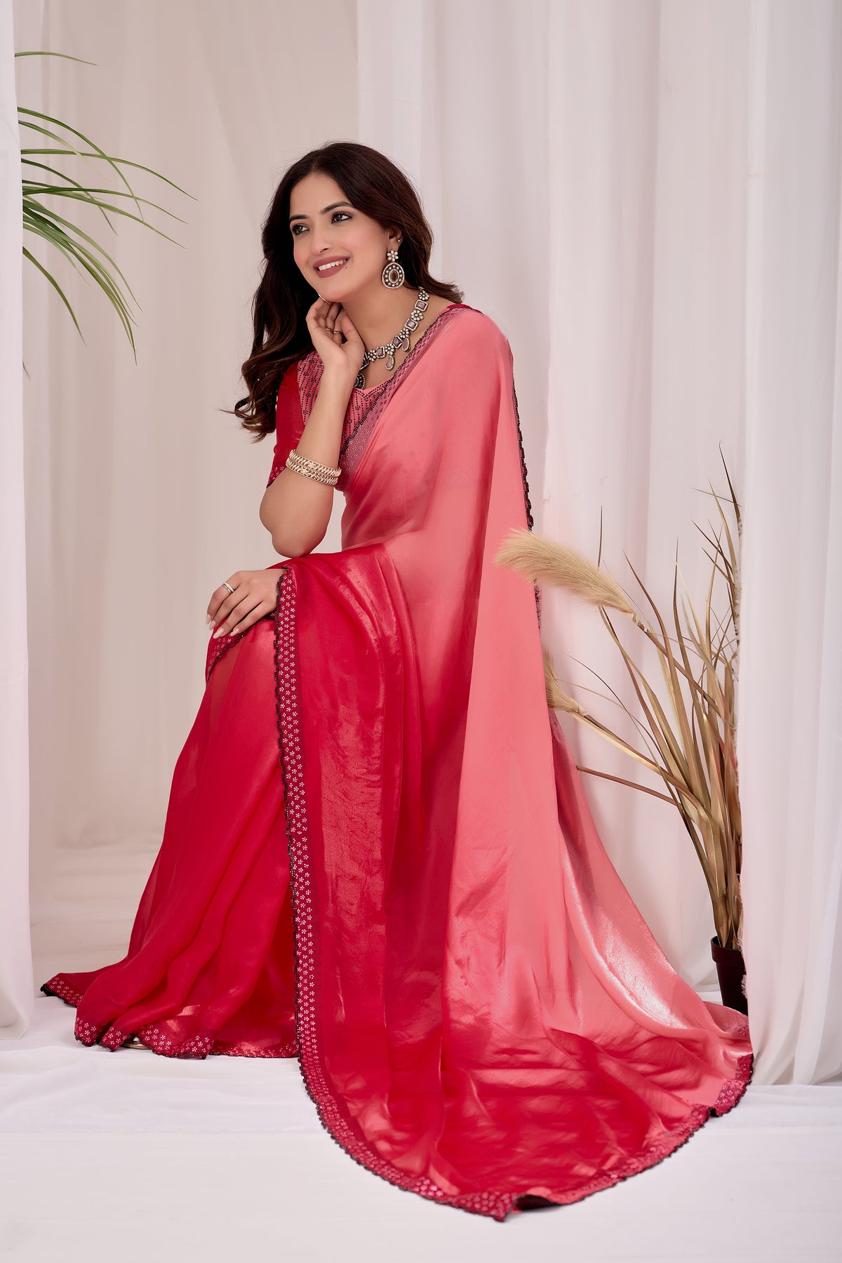 Elegant Embellished Satin Party Wear Saree