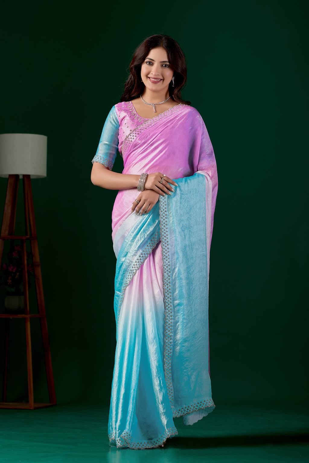 Light Elegant Embellished Satin Party Wear Saree