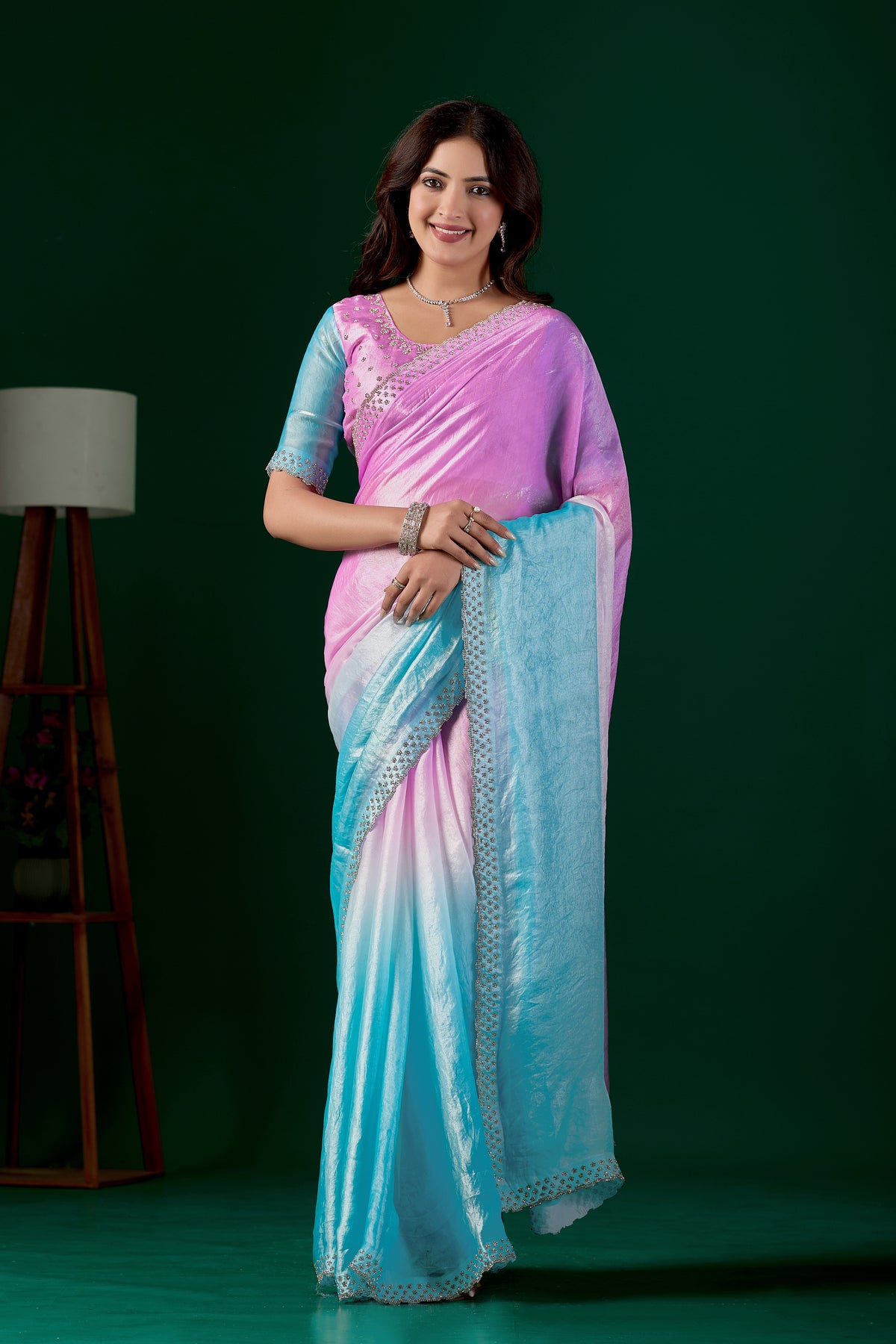 Light Elegant Embellished Satin Party Wear Saree