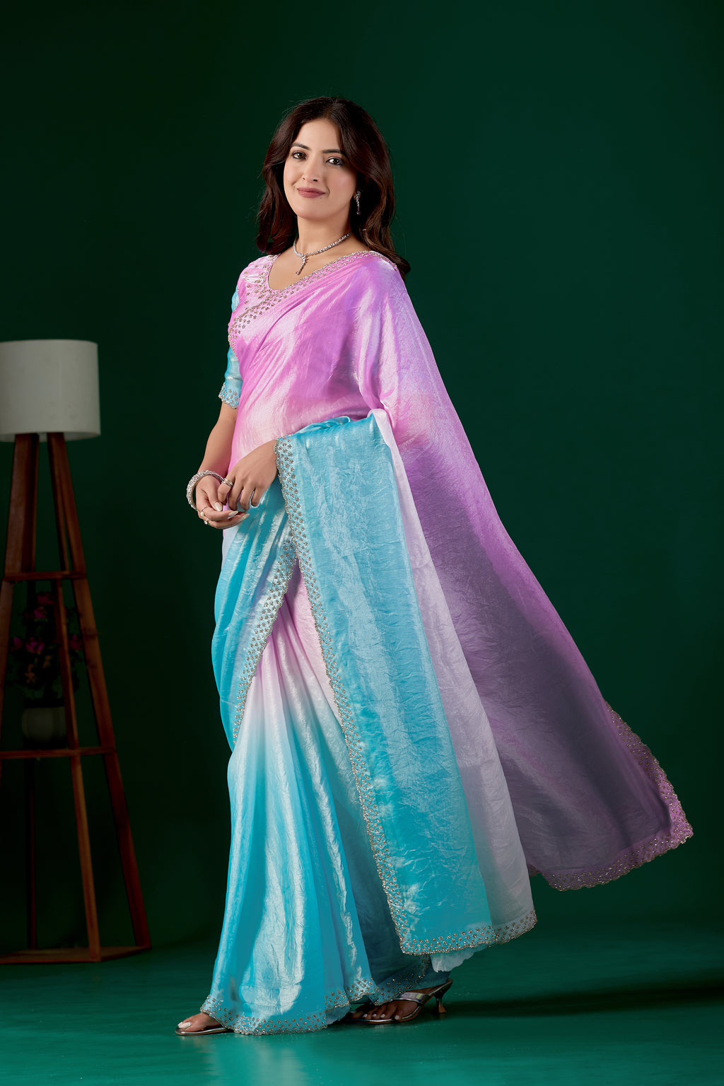 Light Elegant Embellished Satin Party Wear Saree
