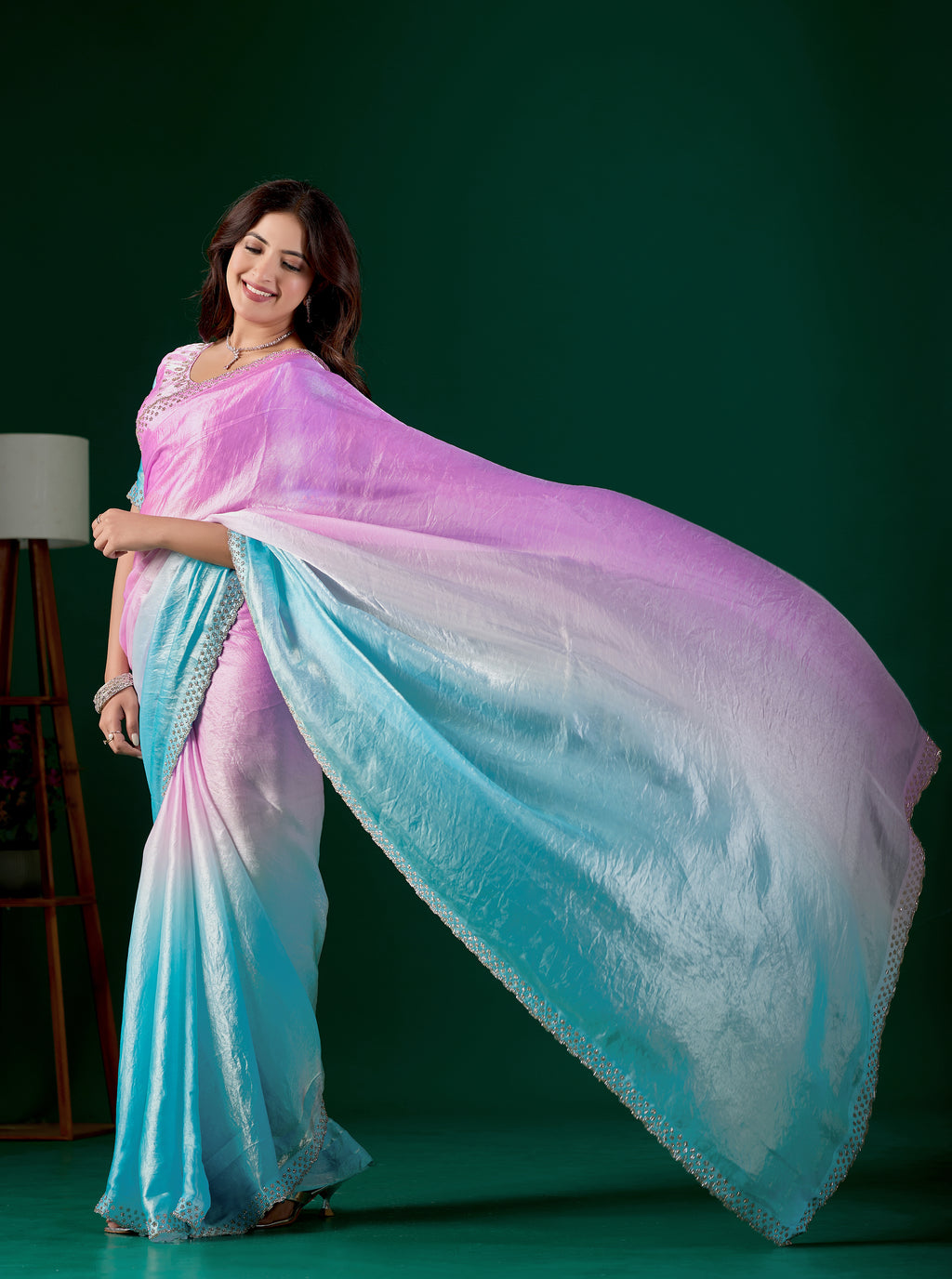 Light Elegant Embellished Satin Party Wear Saree
