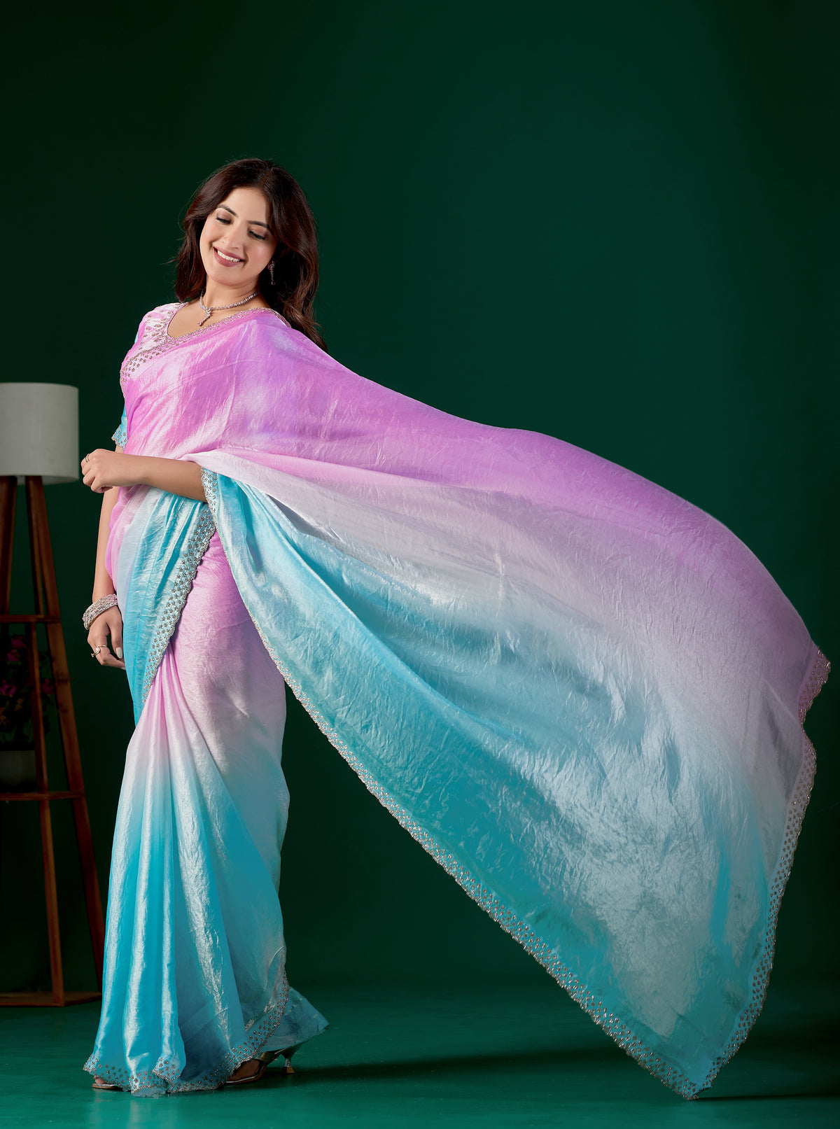 Light Elegant Embellished Satin Party Wear Saree