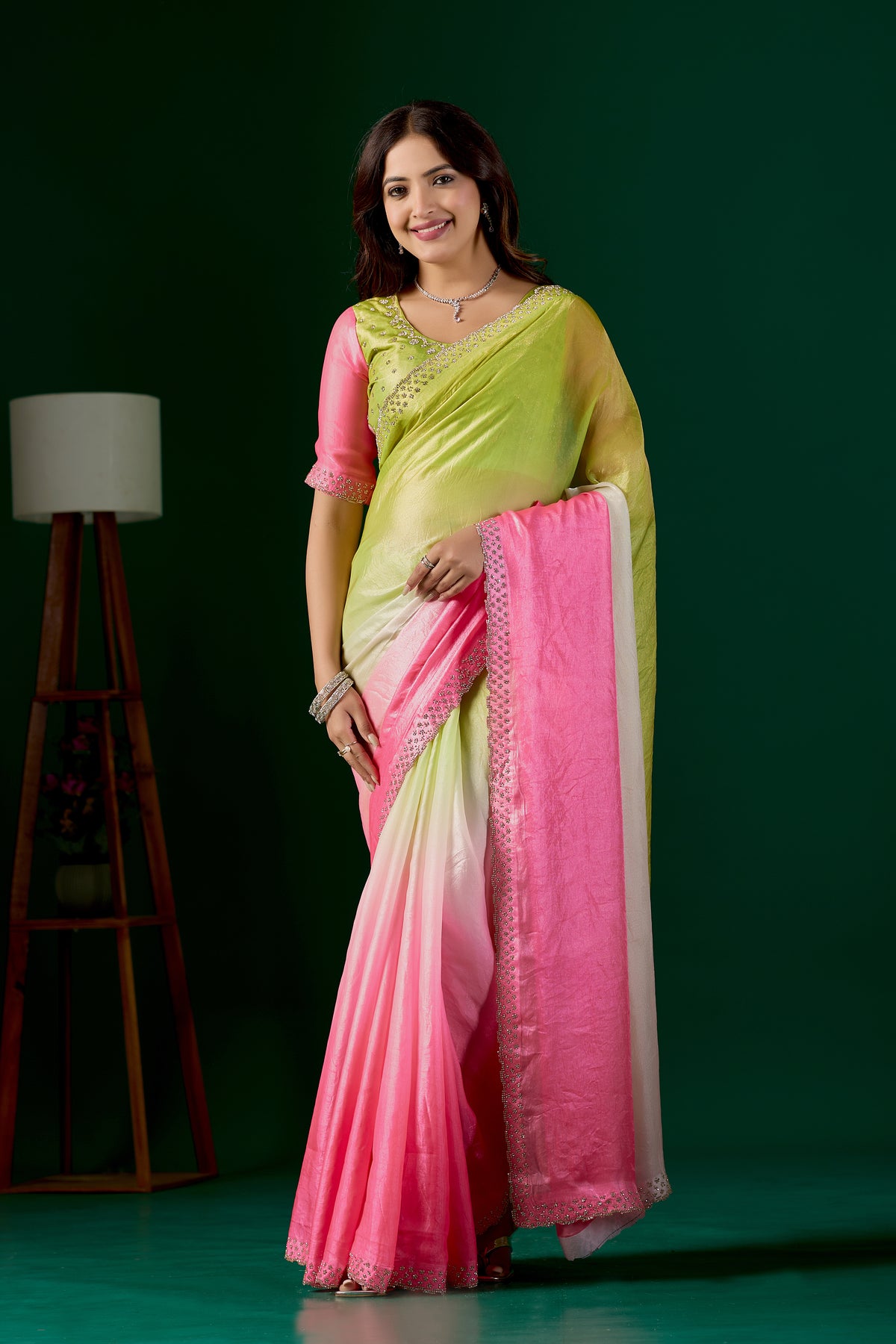 Light Elegant Embellished Satin Party Wear Saree