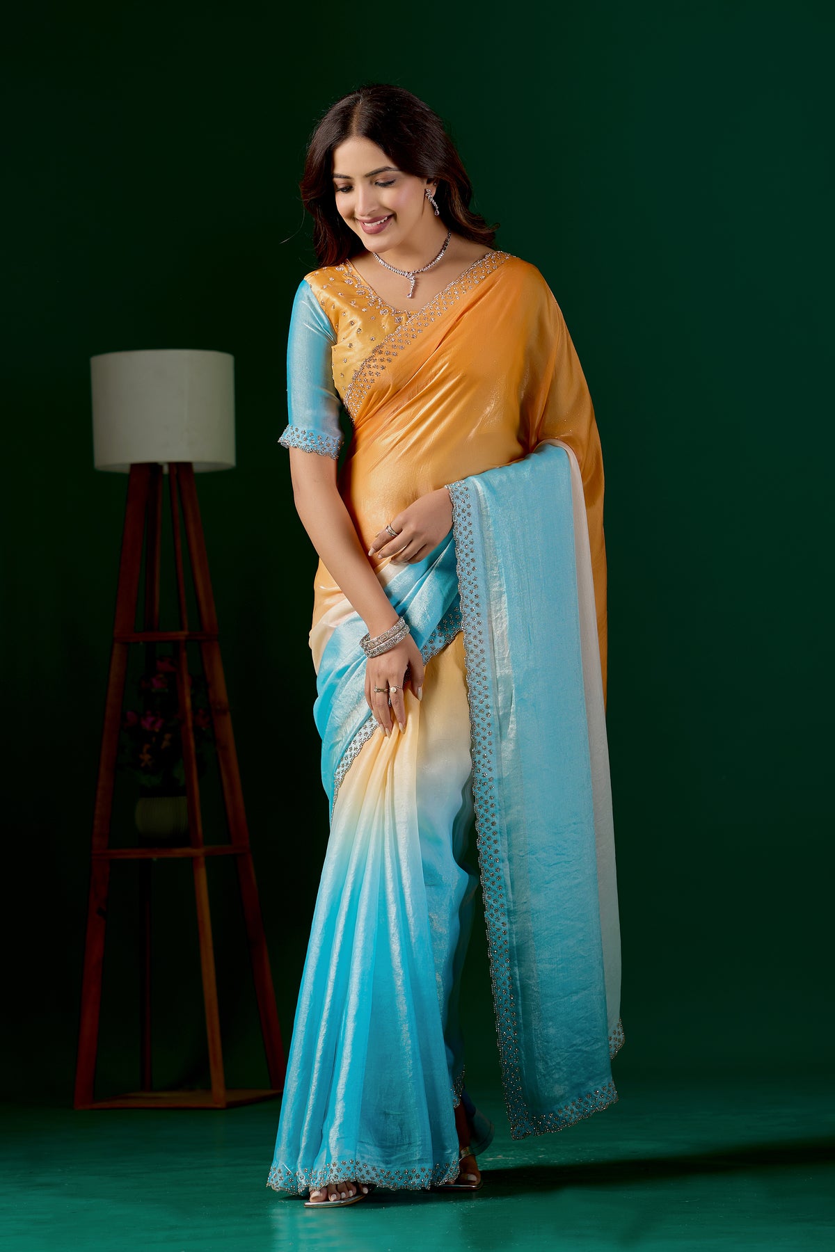 Light Elegant Embellished Satin Party Wear Saree
