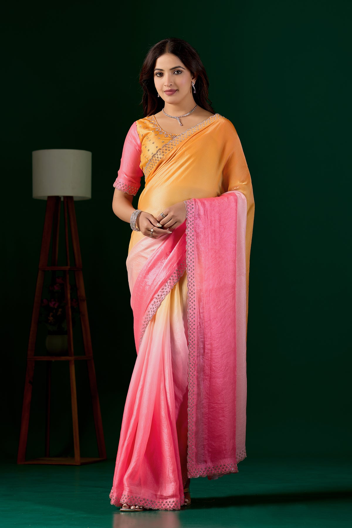 Light Elegant Embellished Satin Party Wear Saree