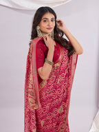 Premium Bandhani Brasso Saree With Fancy Unstitched Blouse Piece.