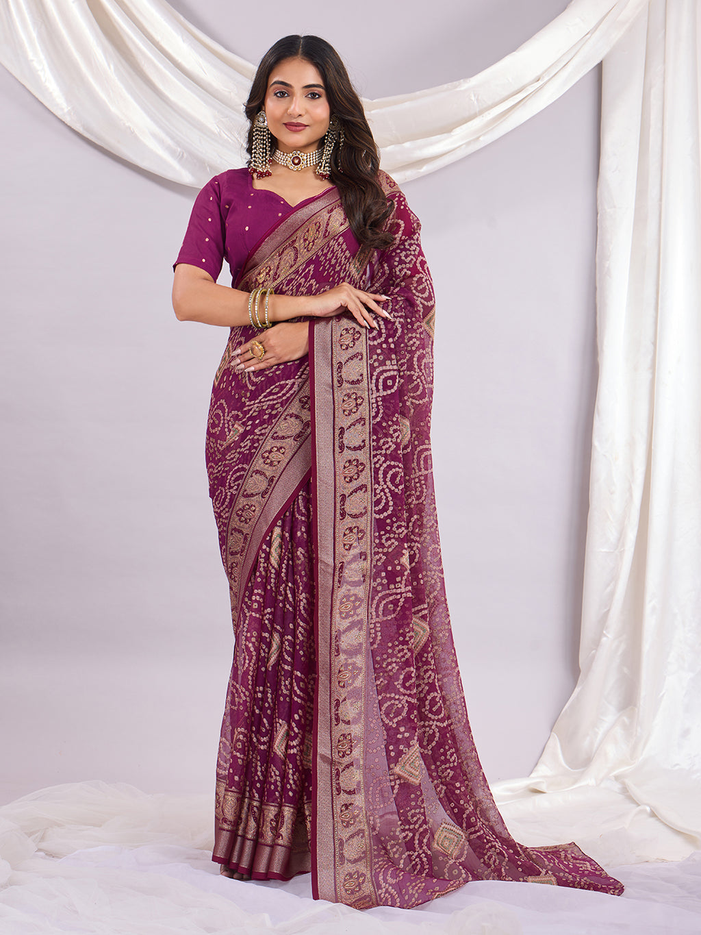 Premium Bandhani Brasso Saree With Fancy Unstitched Blouse Piece.