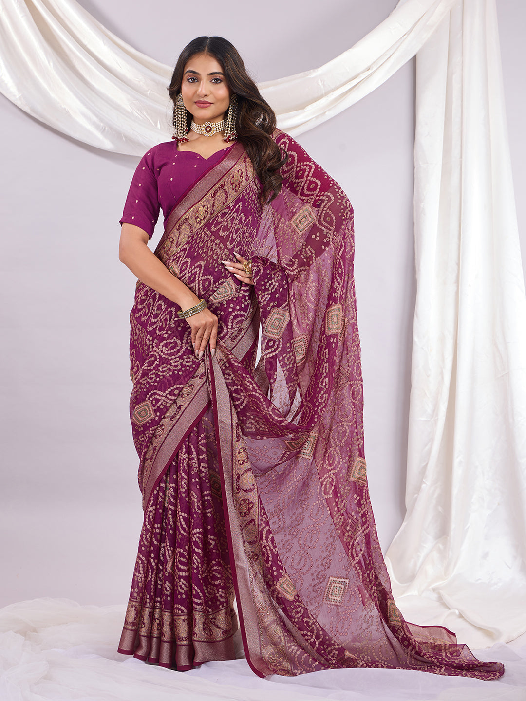 Premium Bandhani Brasso Saree With Fancy Unstitched Blouse Piece.
