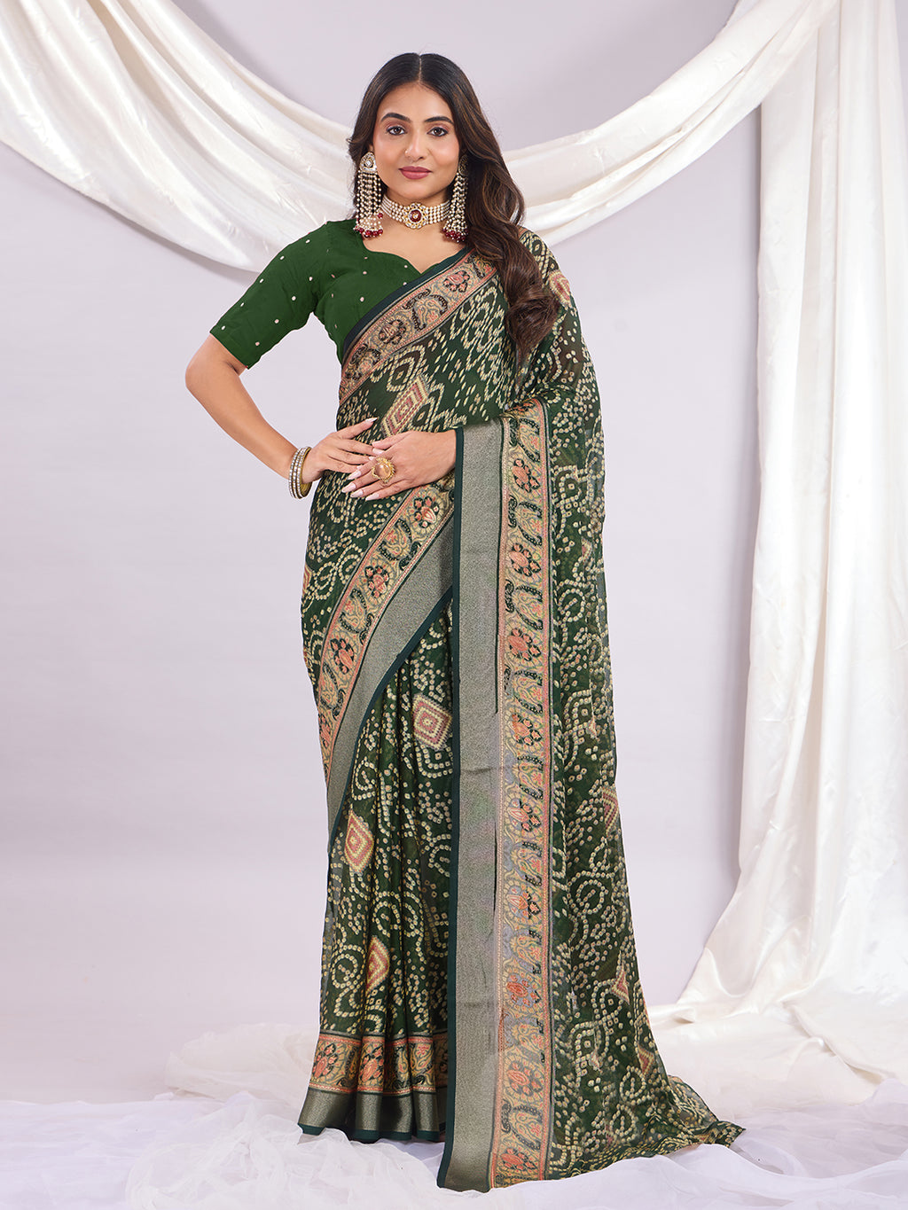 Premium Bandhani Brasso Saree With Fancy Unstitched Blouse Piece.