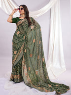 Premium Bandhani Brasso Saree With Fancy Unstitched Blouse Piece.