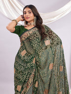 Premium Bandhani Brasso Saree With Fancy Unstitched Blouse Piece.