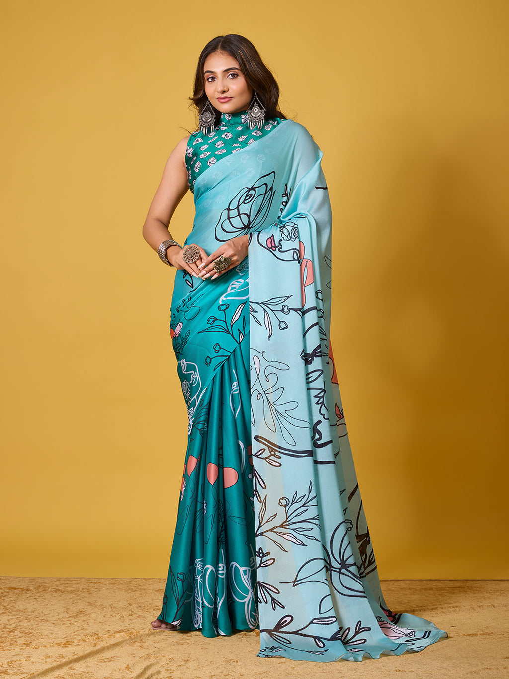 Sky Blue Abstract Art Satin Georgette Saree