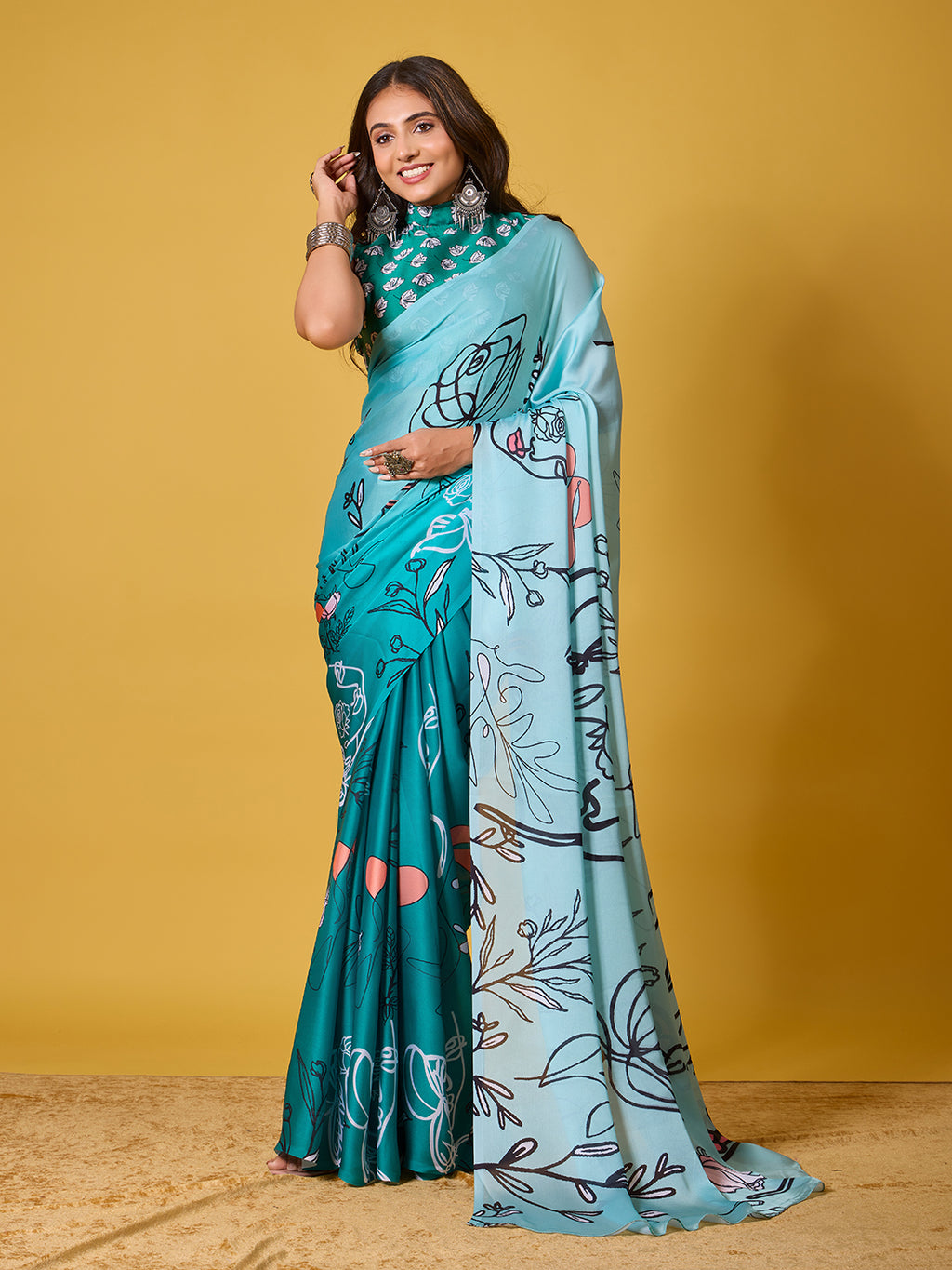 Sky Blue Abstract Art Satin Georgette Saree