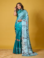 Sky Blue Abstract Art Satin Georgette Saree