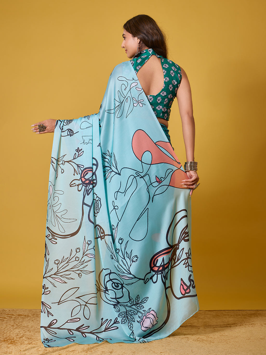 Sky Blue Abstract Art Satin Georgette Saree