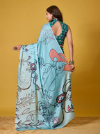 Sky Blue Abstract Art Satin Georgette Saree