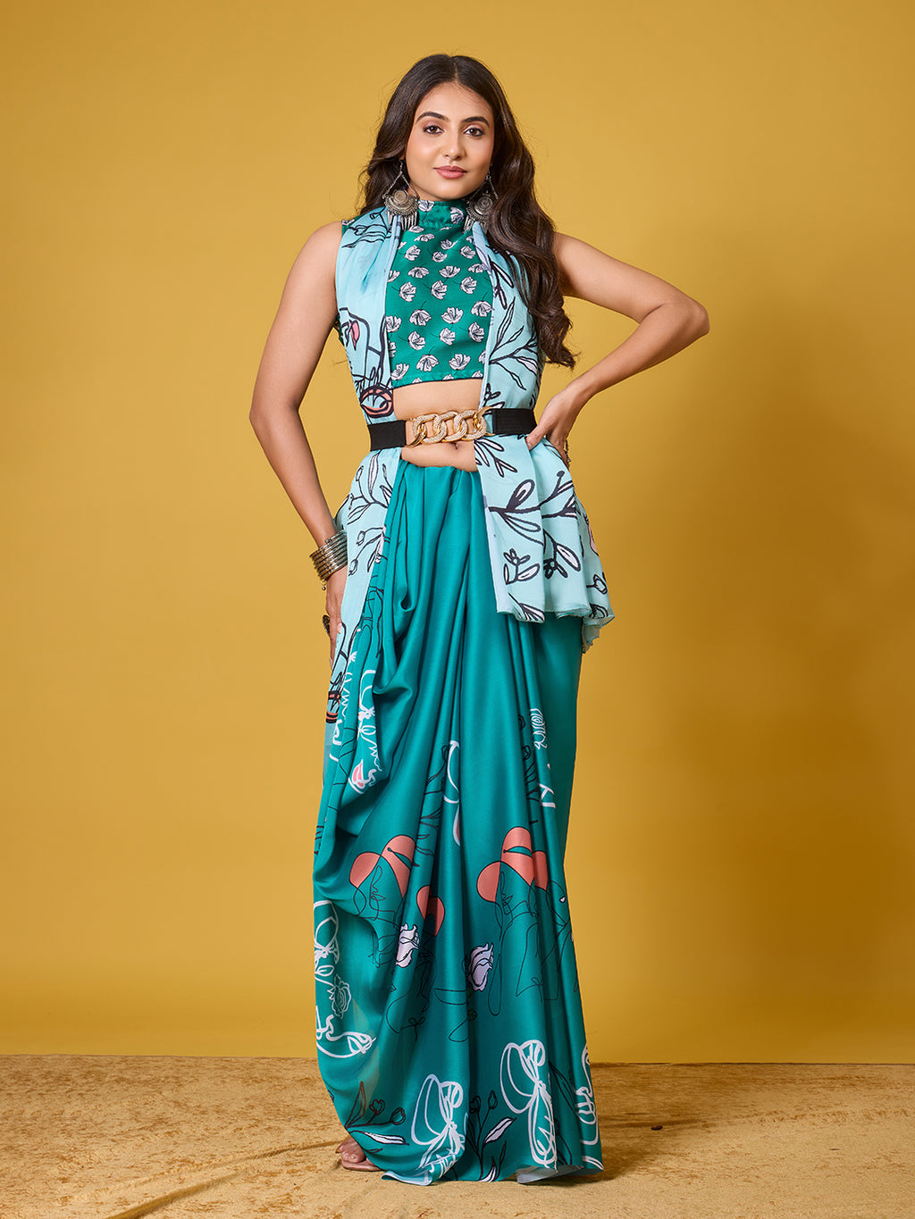 Sky Blue Abstract Art Satin Georgette Saree