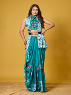 Sky Blue Abstract Art Satin Georgette Saree