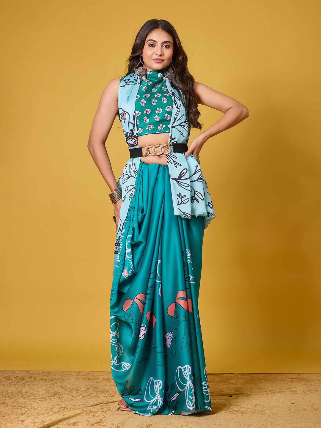 Sky Blue Abstract Art Satin Georgette Saree