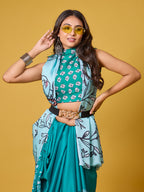 Sky Blue Abstract Art Satin Georgette Saree