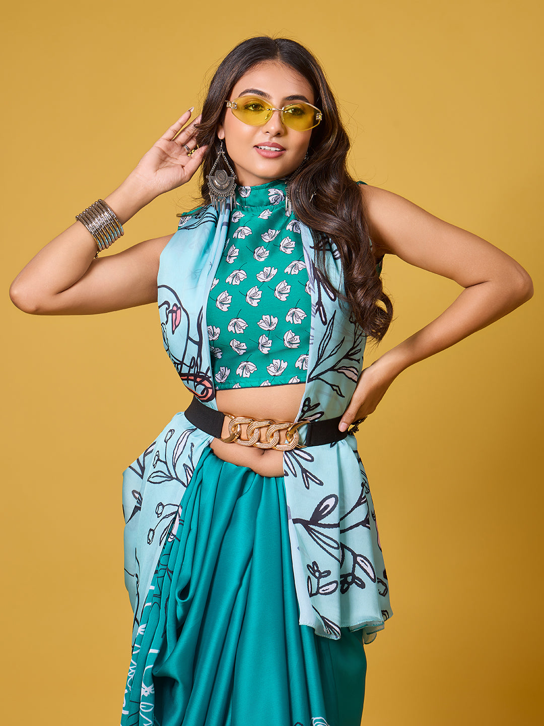Sky Blue Abstract Art Satin Georgette Saree