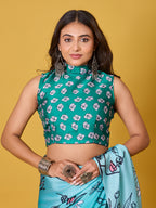 Sky Blue Abstract Art Satin Georgette Saree