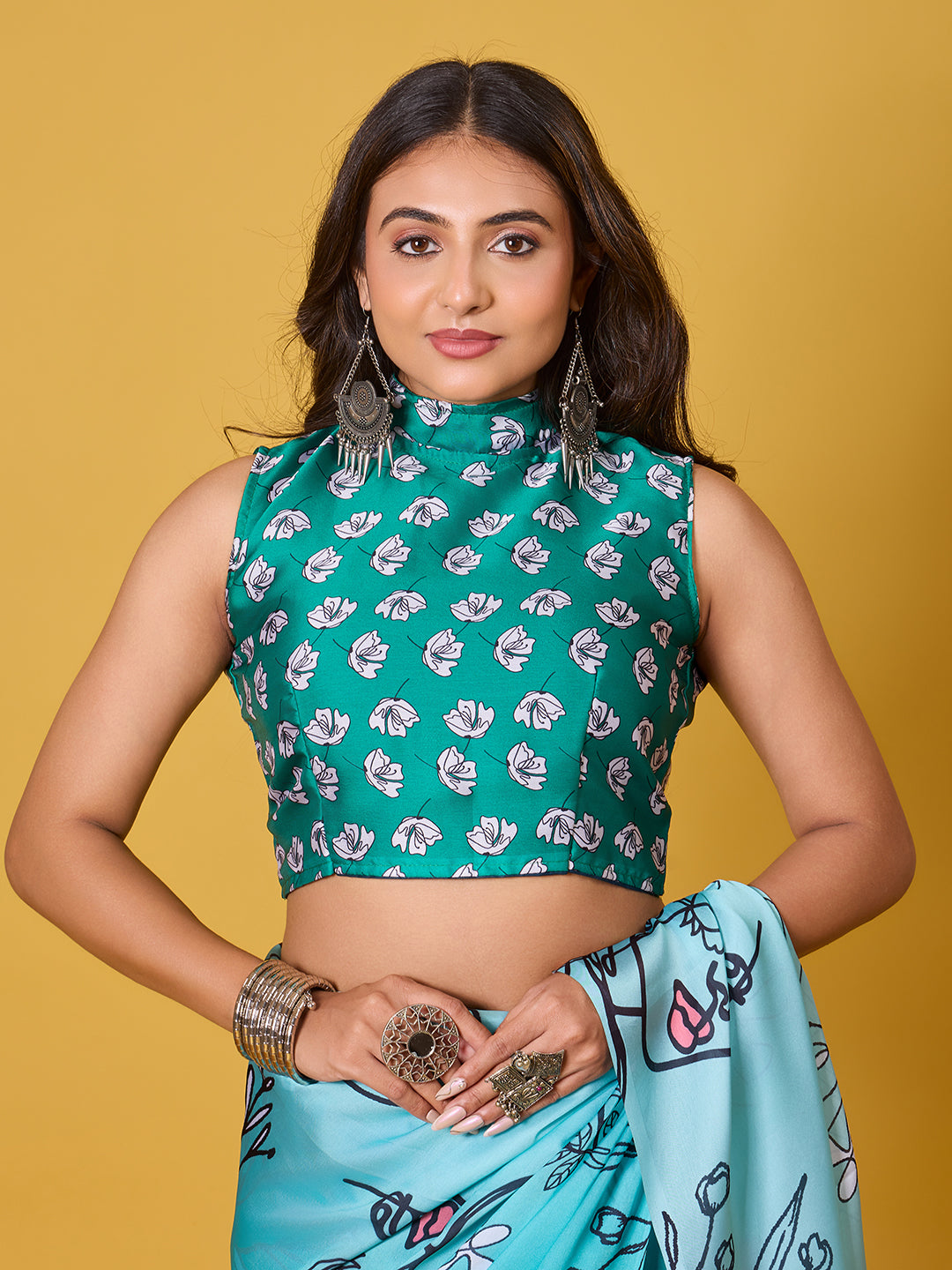 Sky Blue Abstract Art Satin Georgette Saree
