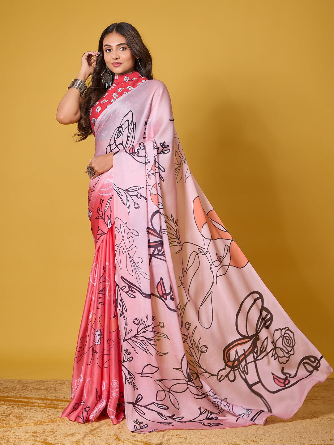 Red Abstract Art Satin Georgette Saree