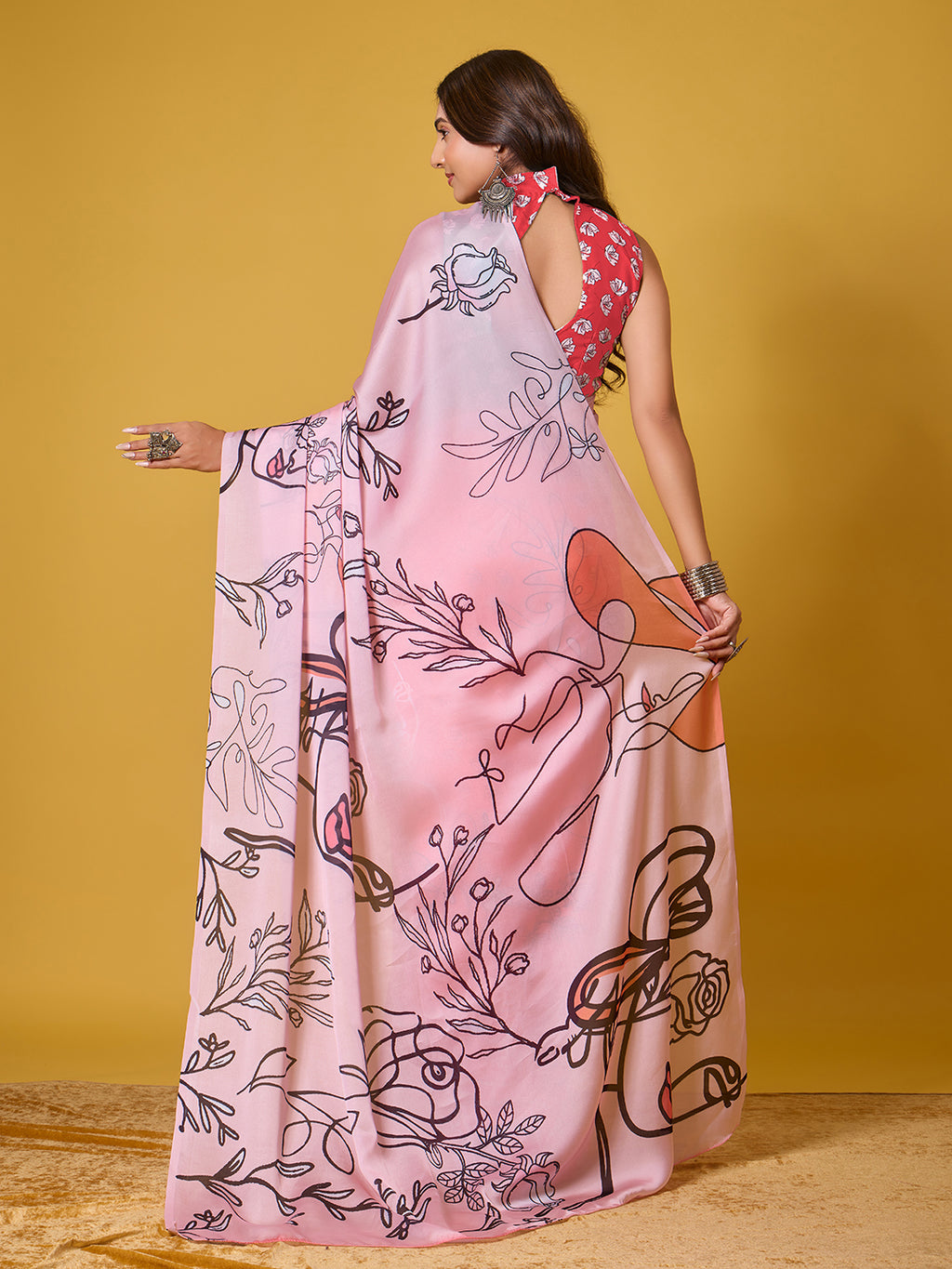 Red Abstract Art Satin Georgette Saree
