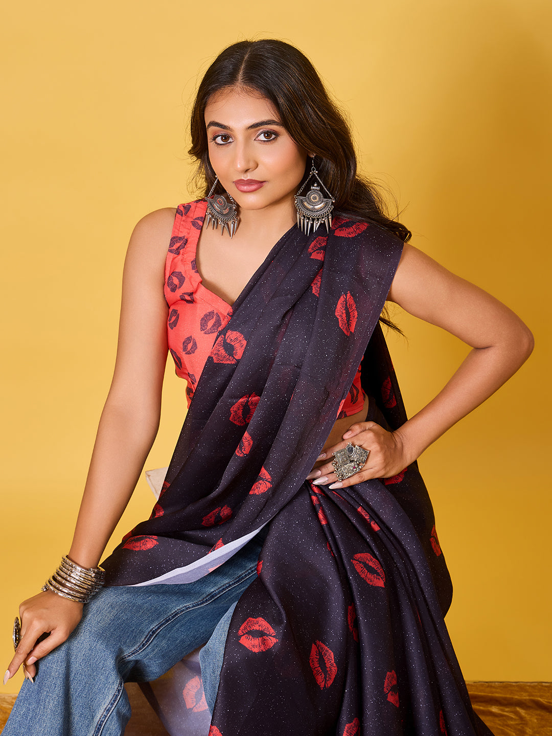 Lips Digital Print Satin Georgette Saree