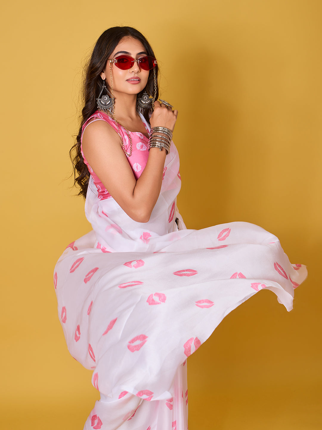 Lips Digital Print Satin Georgette Saree