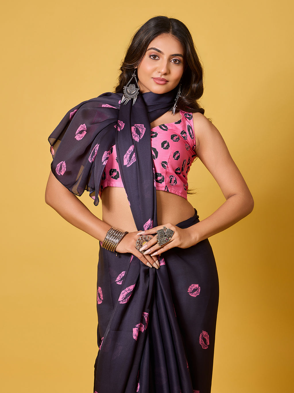 Lips Digital Print Satin Georgette Saree