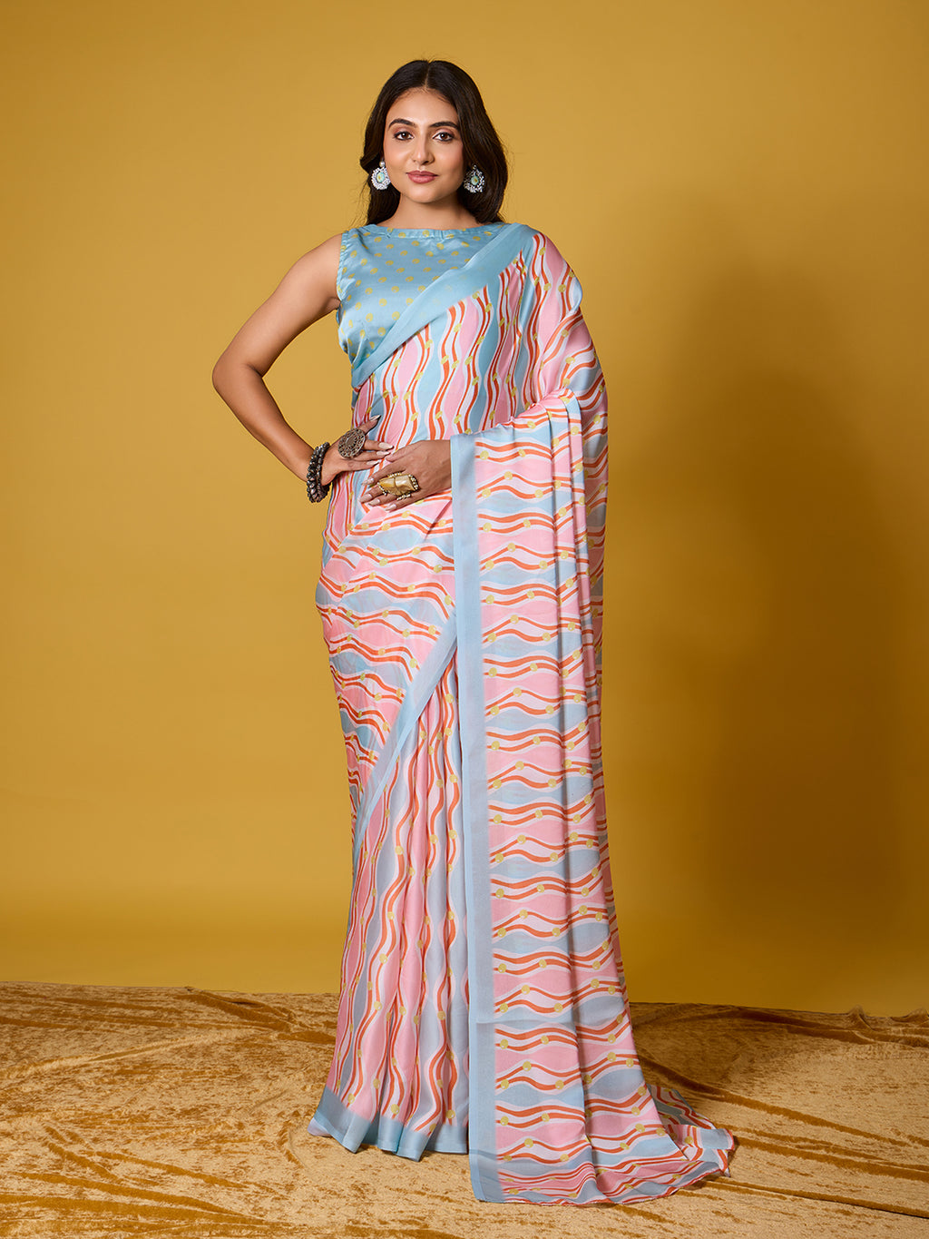 Vibrant Pink & Blue Wavy Striped Digital Print Satin Georgette Saree