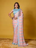 Vibrant Pink & Blue Wavy Striped Digital Print Satin Georgette Saree