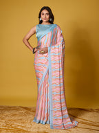 Vibrant Pink & Blue Wavy Striped Digital Print Satin Georgette Saree