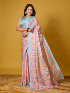 Vibrant Pink & Blue Wavy Striped Digital Print Satin Georgette Saree