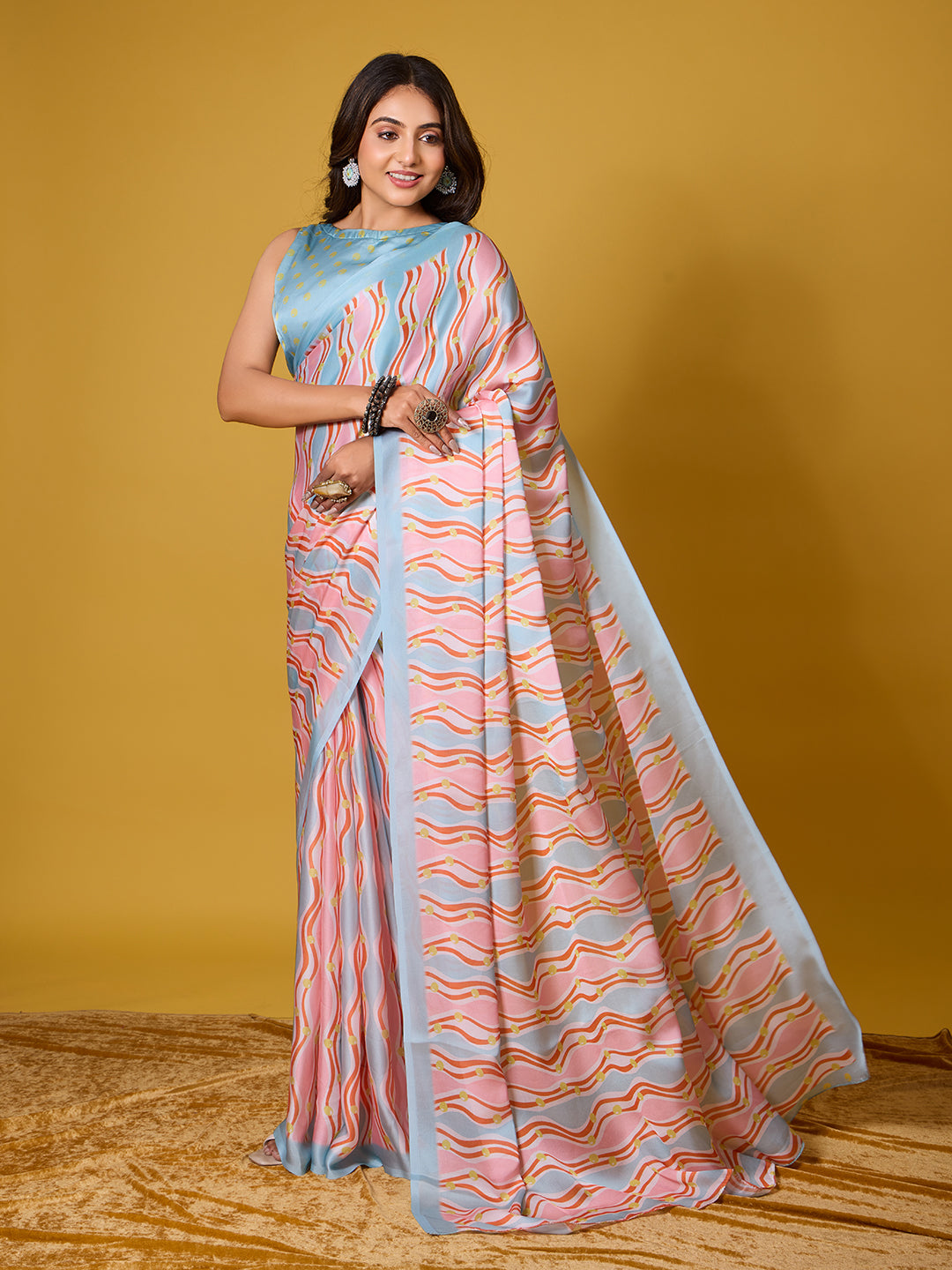 Vibrant Pink & Blue Wavy Striped Digital Print Satin Georgette Saree