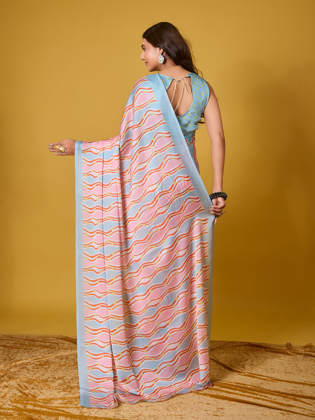 Vibrant Pink & Blue Wavy Striped Digital Print Satin Georgette Saree