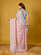 Vibrant Pink & Blue Wavy Striped Digital Print Satin Georgette Saree