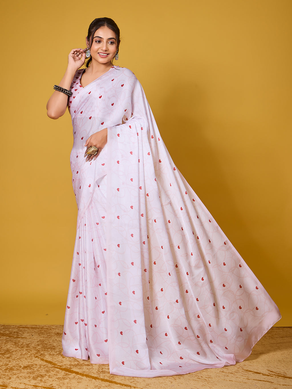 Lovely Light Pink Heart-Motif Digital Print Satin Georgette Saree