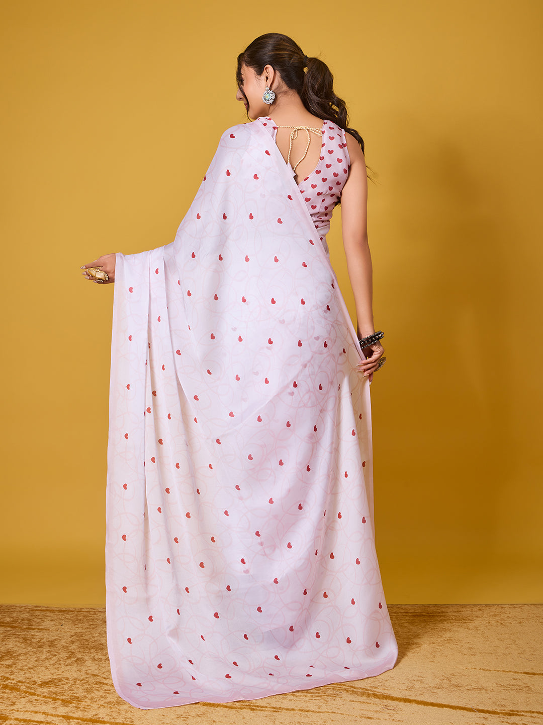 Lovely Light Pink Heart-Motif Digital Print Satin Georgette Saree